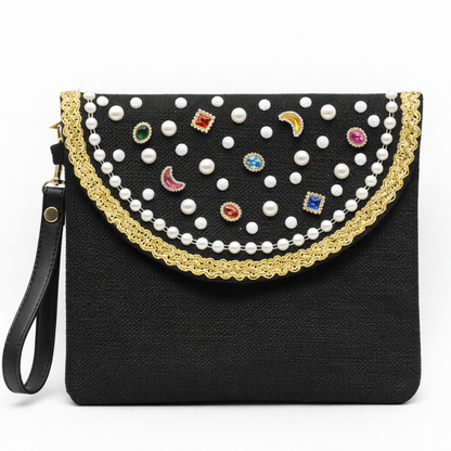 Boho Linen Clutch Bag (Black Diamonds) + 1 FREE metal strap (1 meter)