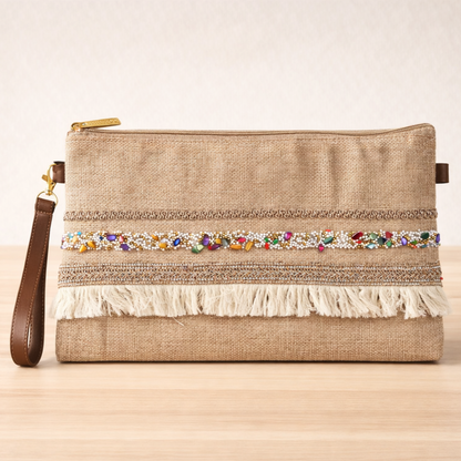 Boho Linen Clutch Bag (Sahara Mosaic) + 1 FREE gold metal strap (1 meter)