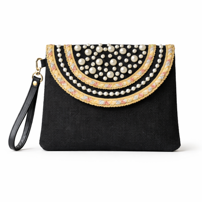 Boho Linen Clutch Bag (Black Pearls) + 1 FREE metal strap (1 meter)