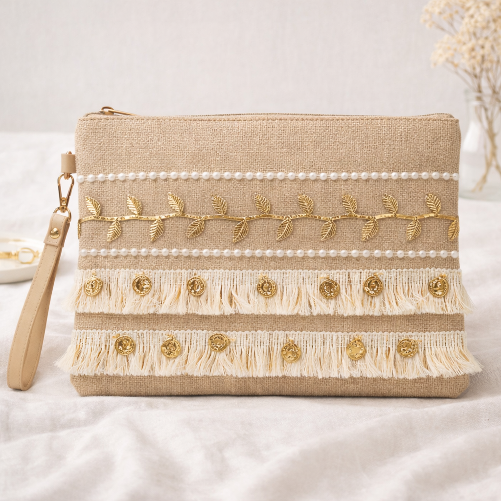 Boho Linen Clutch Bag (Gold Vine Fringe) + 1 FREE gold metal strap (1 meter)
