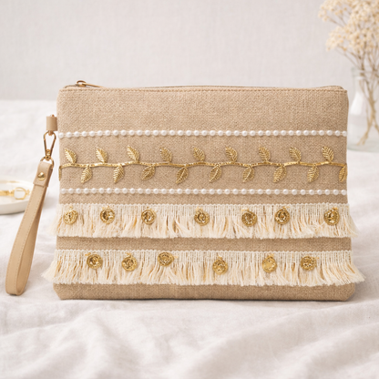 Boho Linen Clutch Bag (Gold Vine Fringe) + 1 FREE gold metal strap (1 meter)