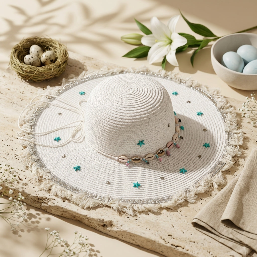 Women's Large Sun Hat (Sky Blue Stars)