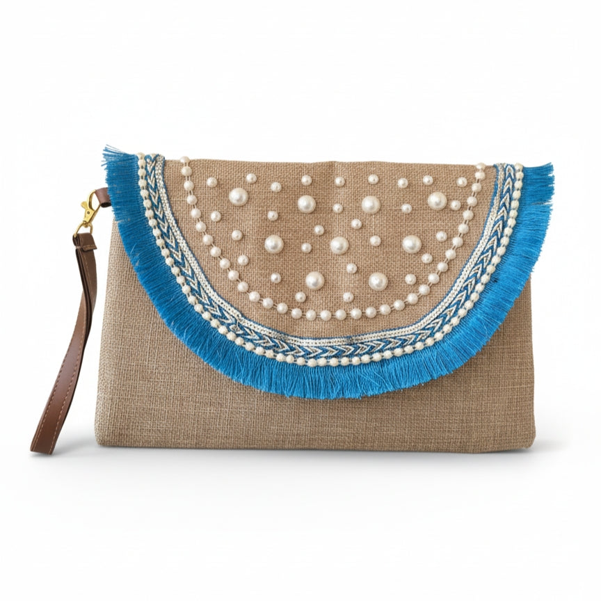 Maison Dalal Boho Linen Clutch Bag (Blue Mirage)