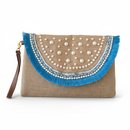 Maison Dalal Boho Linen Clutch Bag (Blue Mirage)