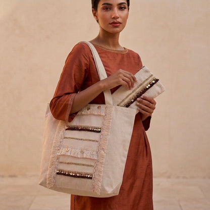 6 Pockets Multi-purpose Tote Bag (Brown Hints) + 1 FREE Small Clutch (same color)