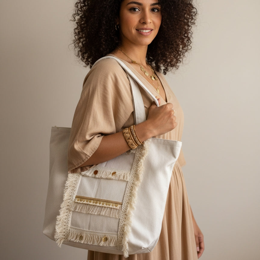 6 Pockets Multi-purpose Tote Bag (Desert Tassel) + 1 FREE Small Clutch (same color)