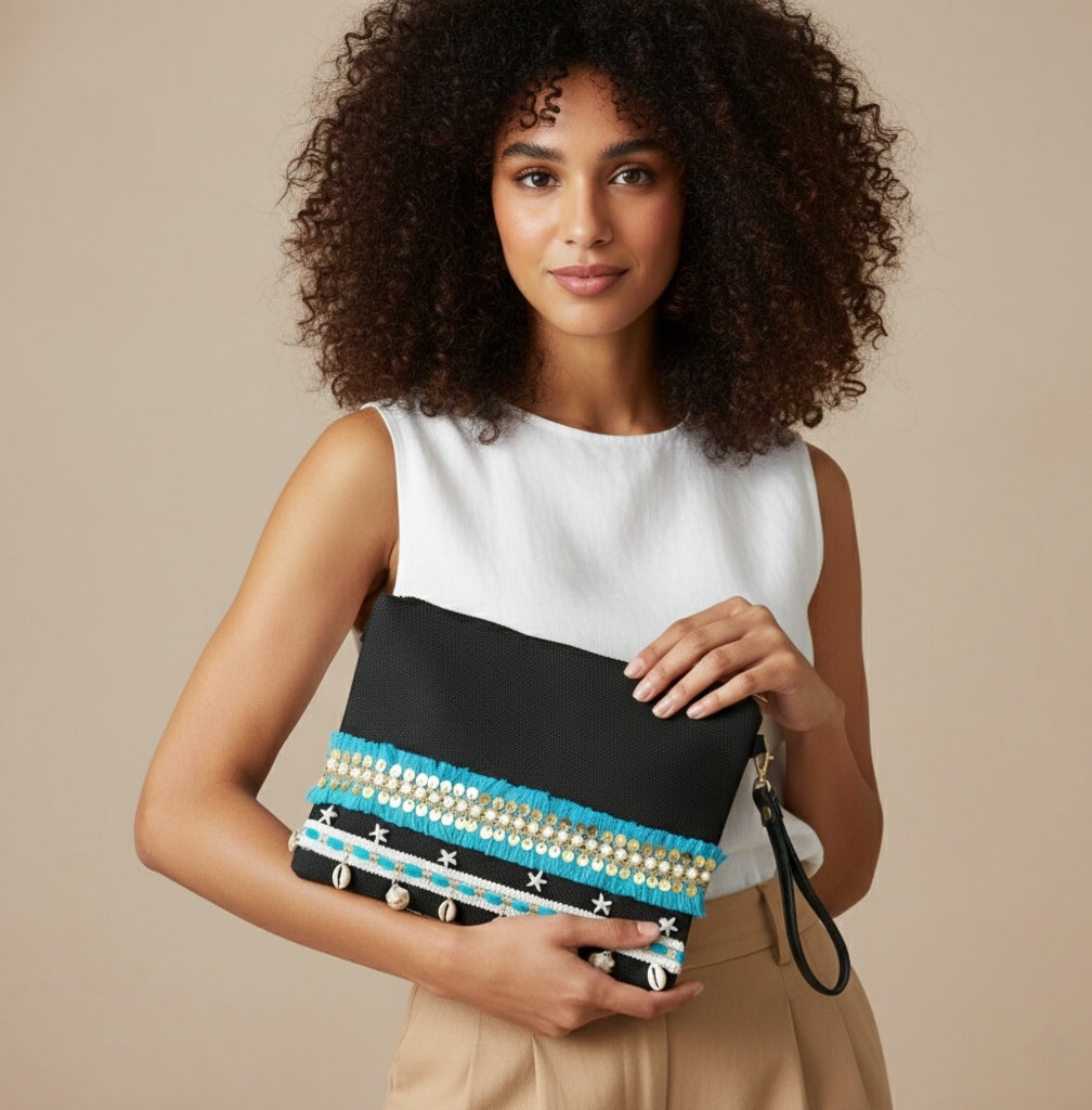 Boho Linen Clutch Bag (Sea Sky) + 1 FREE metal strap (1 meter)
