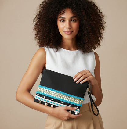 Boho Linen Clutch Bag (Sea Sky) + 1 FREE metal strap (1 meter)