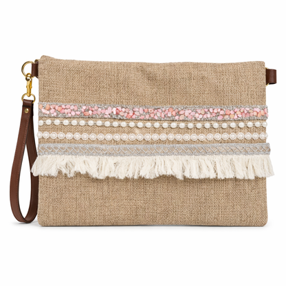 Boho Linen Clutch Bag (Classy Pink) + 1 FREE exclusive gold/white metal strap (1 meter)