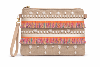 Boho Linen Clutch Bag (Orange Garden) + 1 FREE gold metal strap (1 meter)