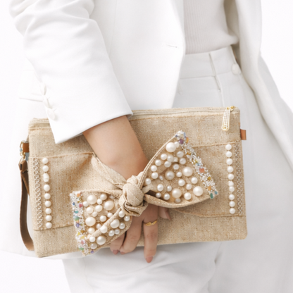 Boho Linen Clutch Bag (Bow 3) + 1 FREE gold metal strap (1 meter)