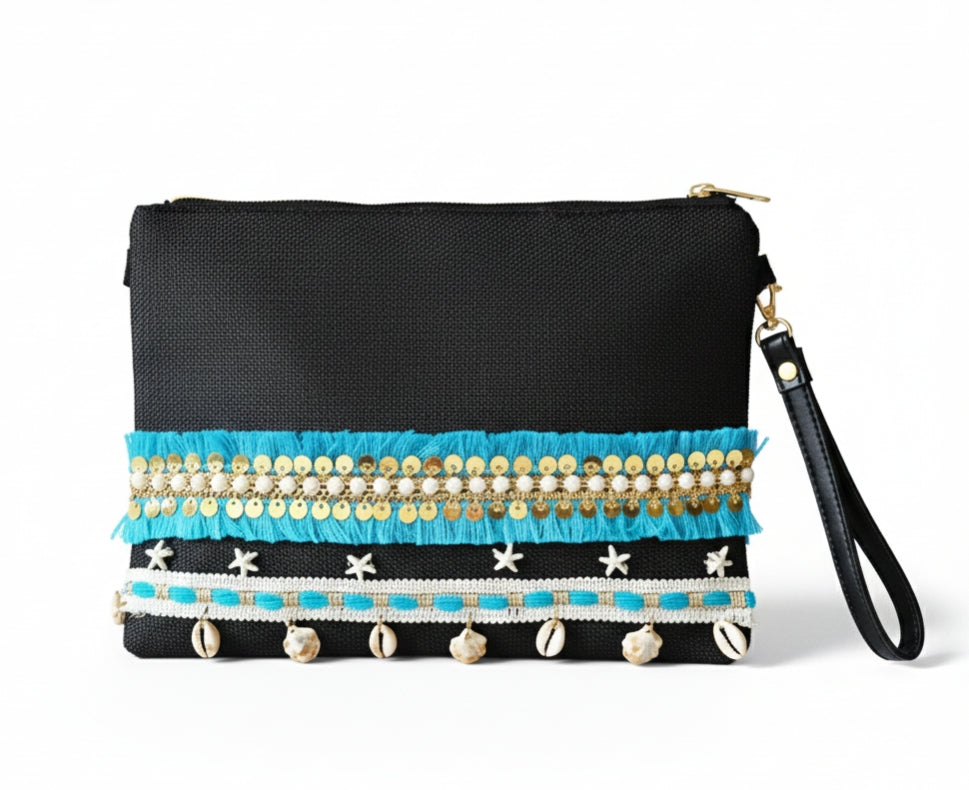 Boho Linen Clutch Bag (Sea Sky) + 1 FREE metal strap (1 meter)