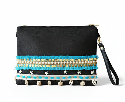 Boho Linen Clutch Bag (Sea Sky) + 1 FREE metal strap (1 meter)