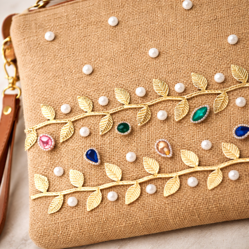 Boho Linen Clutch Bag (Golden Vine) + 1 FREE gold metal strap (1 meter)