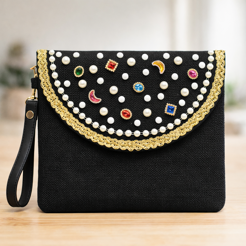 Boho Linen Clutch Bag (Black Diamonds) + 1 FREE metal strap (1 meter)