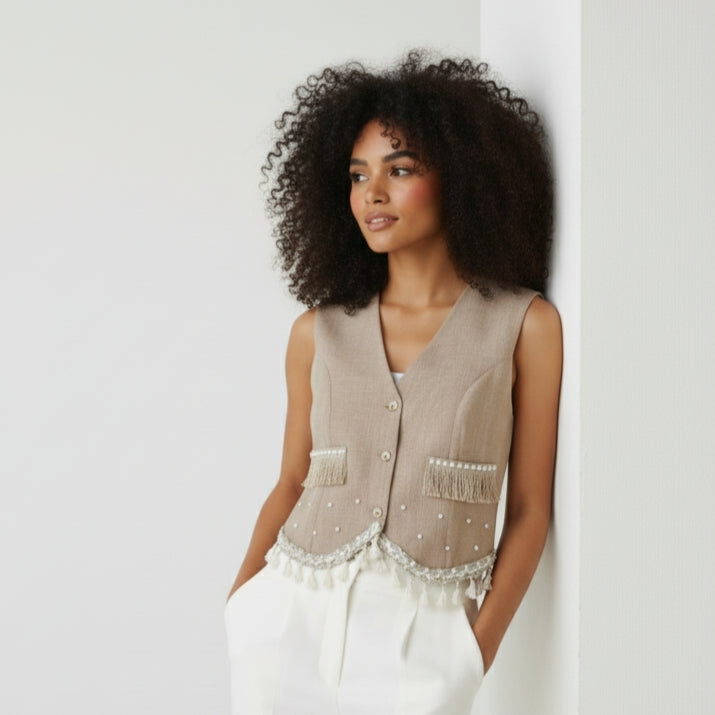 Chic Linen Vest (Pearls)