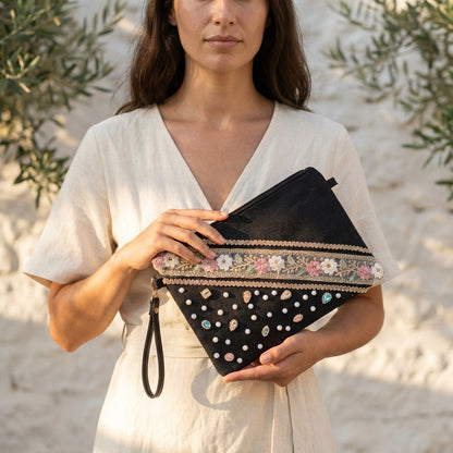 Boho Linen Clutch Bag (Chic Garden) + 1 FREE metal strap (1 meter)