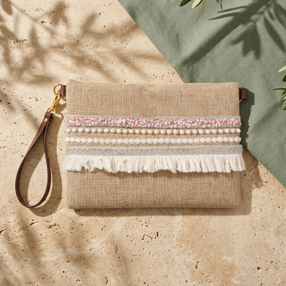 Boho Linen Clutch Bag (Classy Pink) + 1 FREE exclusive gold/white metal strap (1 meter)