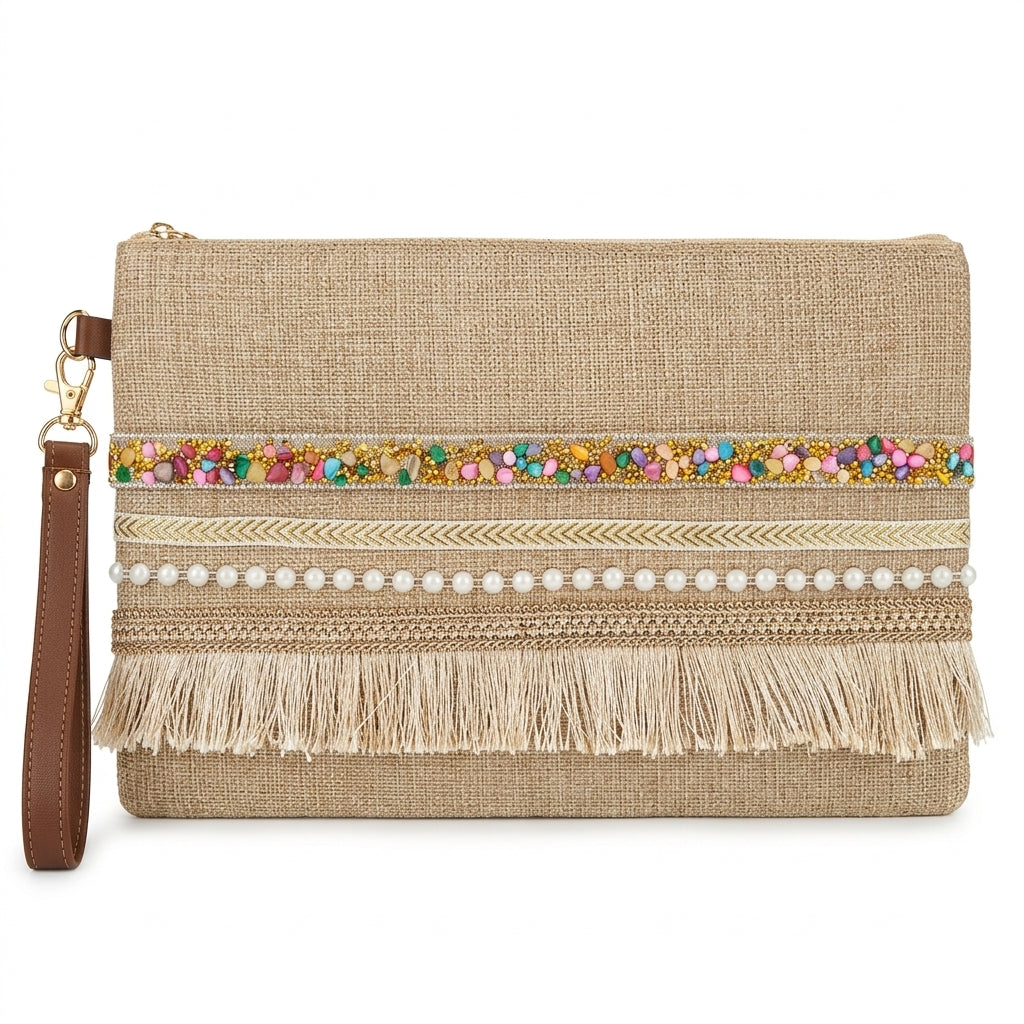 Boho Linen Clutch Bag (Bright Day) + 1 FREE gold metal strap (1 meter)