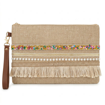 Boho Linen Clutch Bag (Bright Day) + 1 FREE gold metal strap (1 meter)