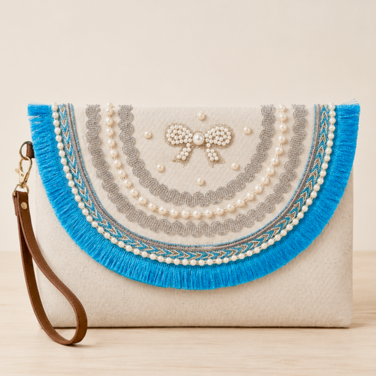 Boho Linen Clutch Bag (Royal Bow) + 1 FREE gold metal strap (1 meter)