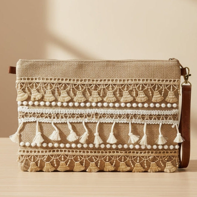 Boho Linen Clutch Bag (Sahara Tassel) + 1 FREE gold metal strap (1 meter)