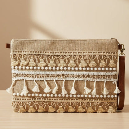 Boho Linen Clutch Bag (Sahara Tassel) + 1 FREE gold metal strap (1 meter)