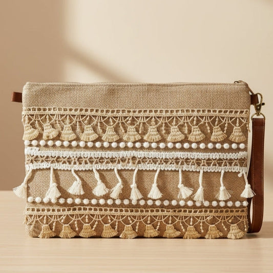 Boho Linen Clutch Bag (Sahara Tassel) + 1 FREE gold metal strap (1 meter)