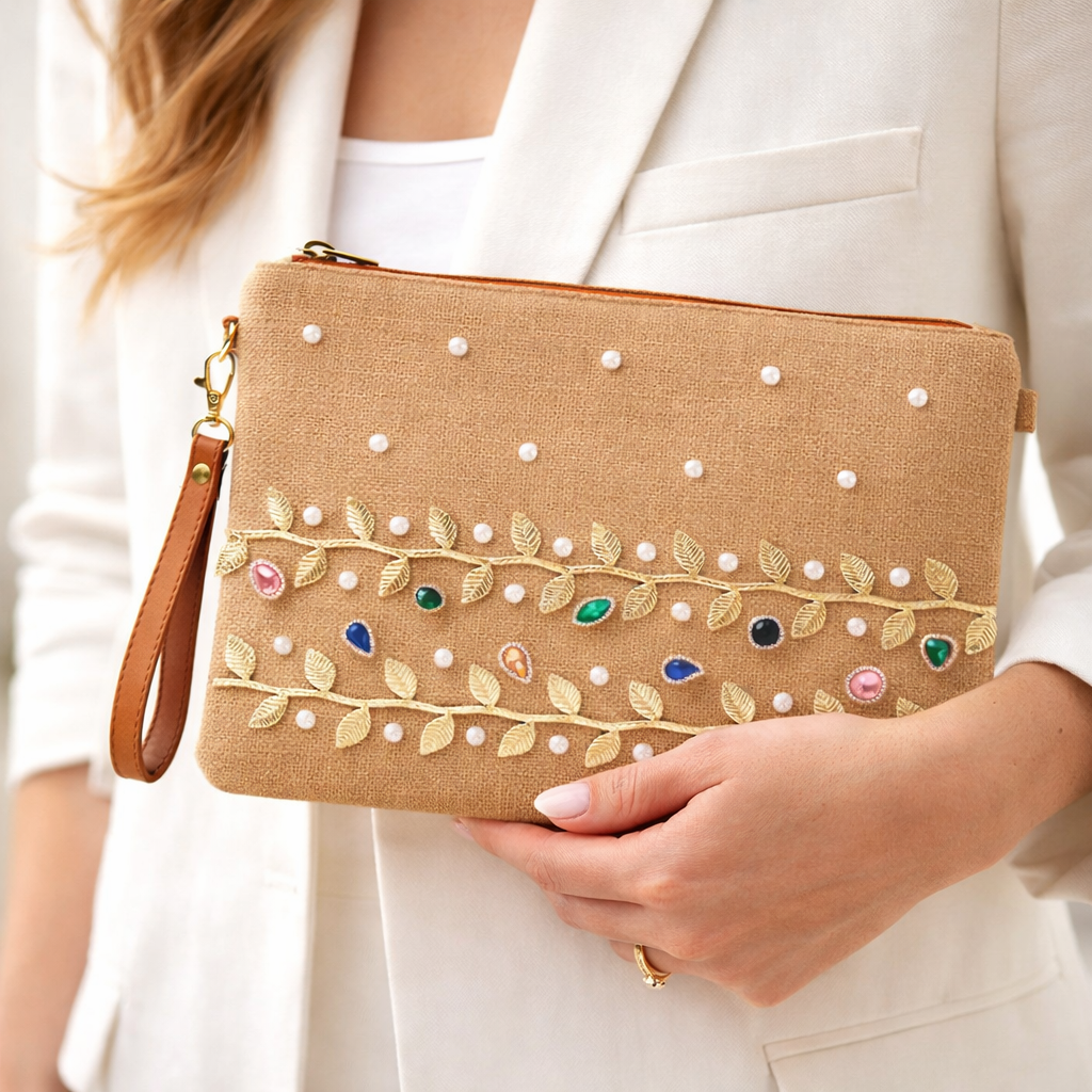 Boho Linen Clutch Bag (Golden Vine) + 1 FREE gold metal strap (1 meter)