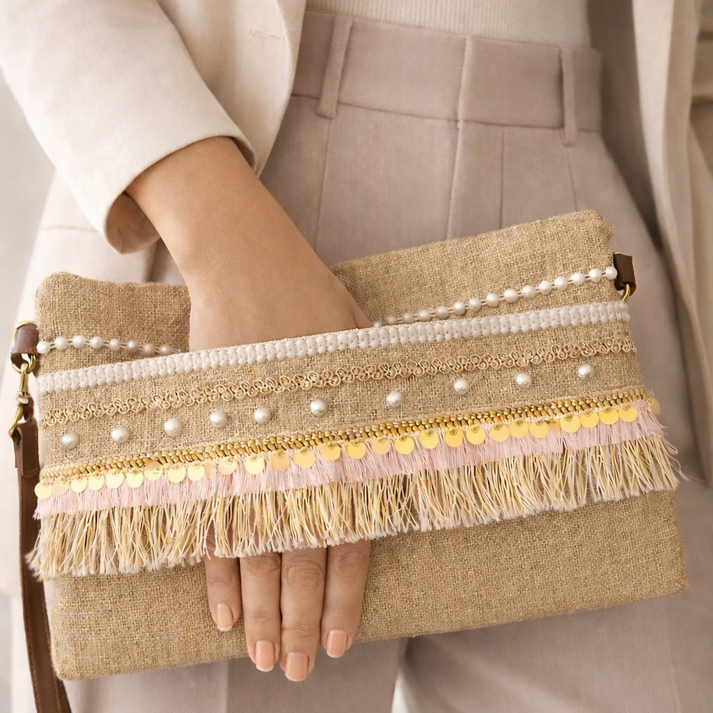 Boho Linen Clutch Bag (Pink Hints) + 1 FREE gold metal strap (1 meter)