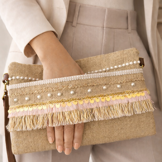 Boho Linen Clutch Bag (Pink Hints) + 1 FREE gold metal strap (1 meter)