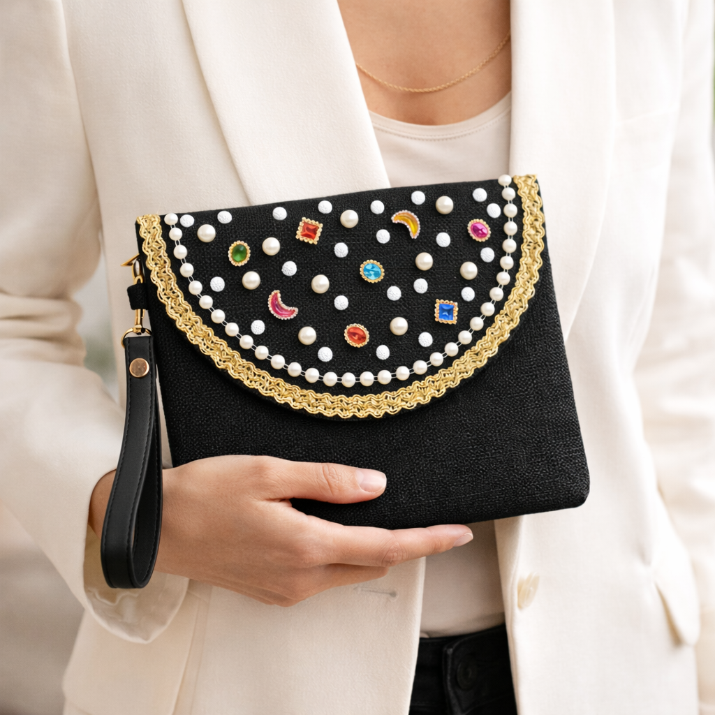 Boho Linen Clutch Bag (Black Diamonds) + 1 FREE metal strap (1 meter)