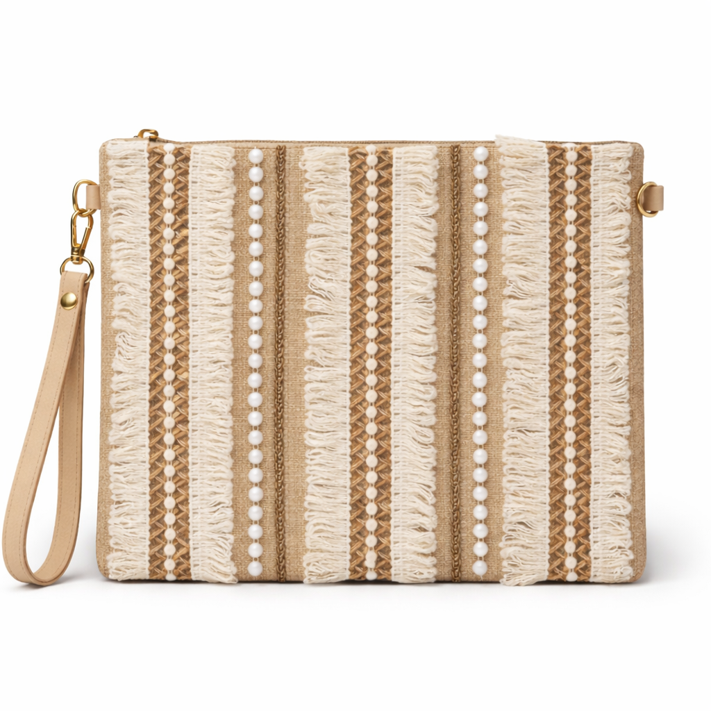 Boho Linen Clutch Bag (Tribal Stripe) + 1 FREE gold metal strap (1 meter)