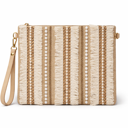 Boho Linen Clutch Bag (Tribal Stripe) + 1 FREE gold metal strap (1 meter)
