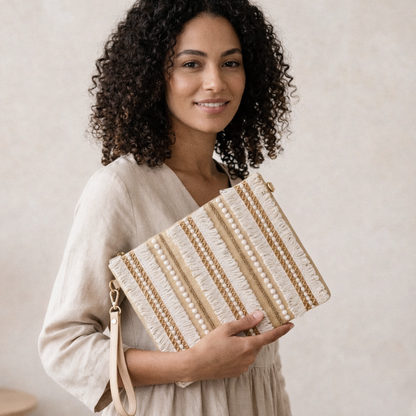 Boho Linen Clutch Bag (Tribal Stripe) + 1 FREE gold metal strap (1 meter)