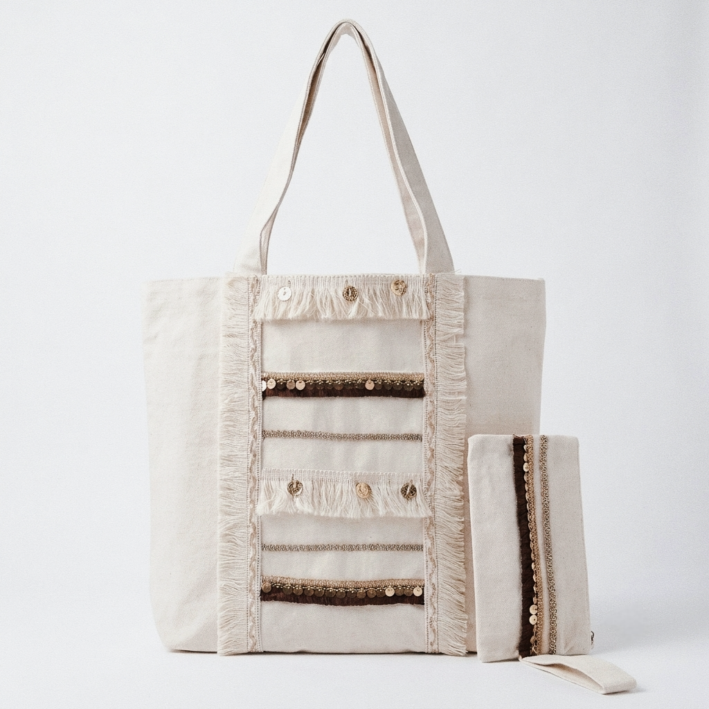 6 Pockets Multi-purpose Tote Bag (Brown Hints) + 1 FREE Small Clutch (same color)