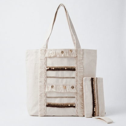 6 Pockets Multi-purpose Tote Bag (Brown Hints) + 1 FREE Small Clutch (same color)