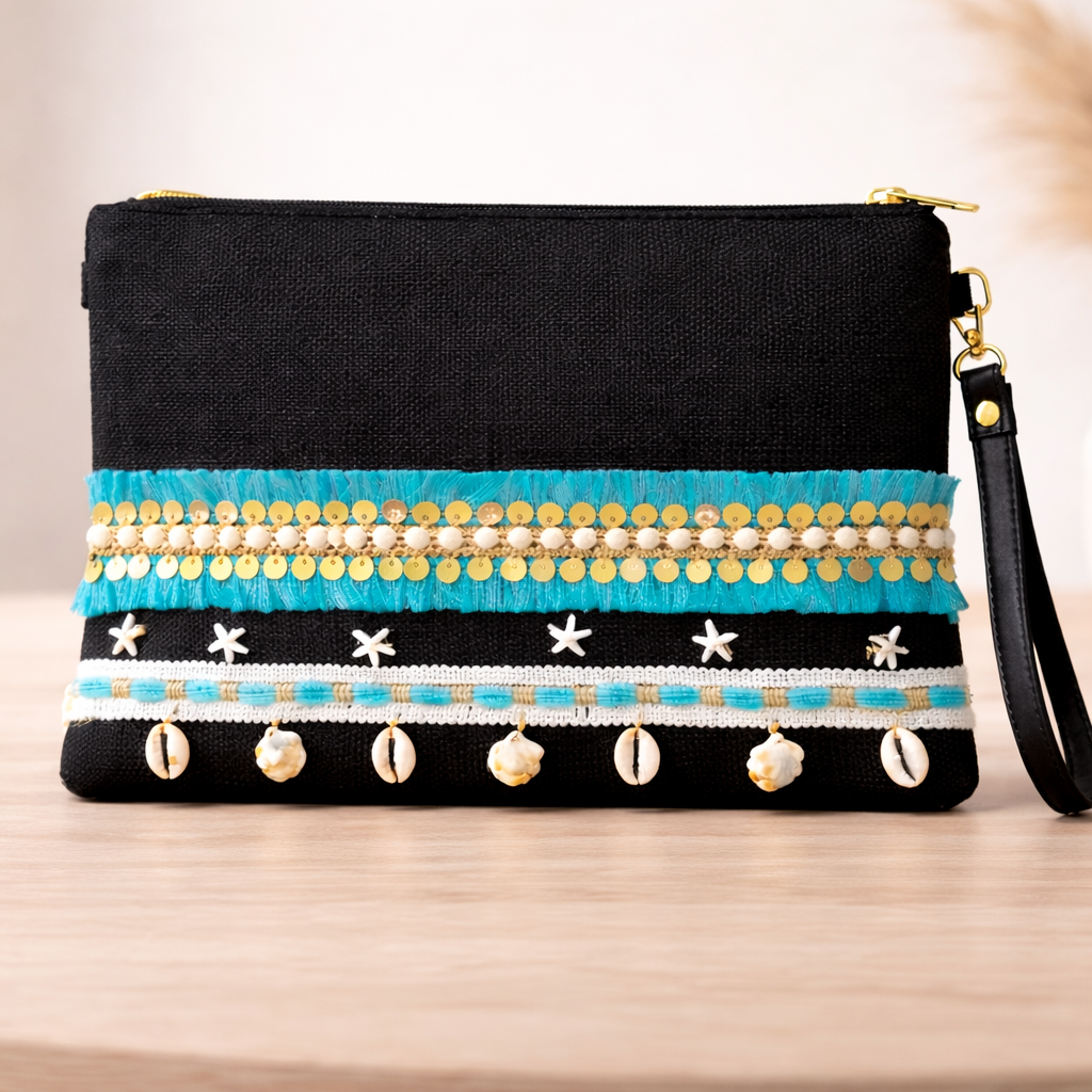 Boho Linen Clutch Bag (Sea Sky) + 1 FREE metal strap (1 meter)