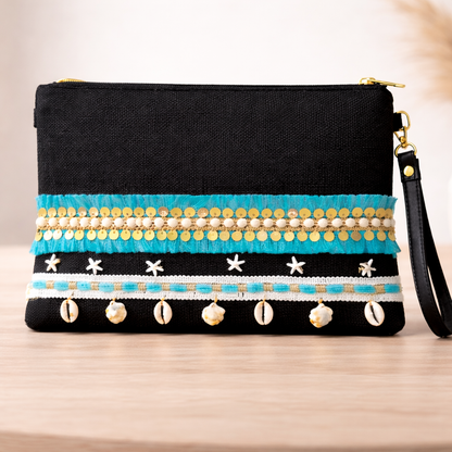 Boho Linen Clutch Bag (Sea Sky) + 1 FREE metal strap (1 meter)