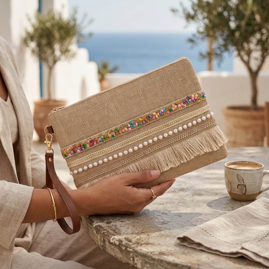 Boho Linen Clutch Bag (Bright Day) + 1 FREE gold metal strap (1 meter)