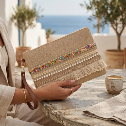 Boho Linen Clutch Bag (Bright Day) + 1 FREE gold metal strap (1 meter)