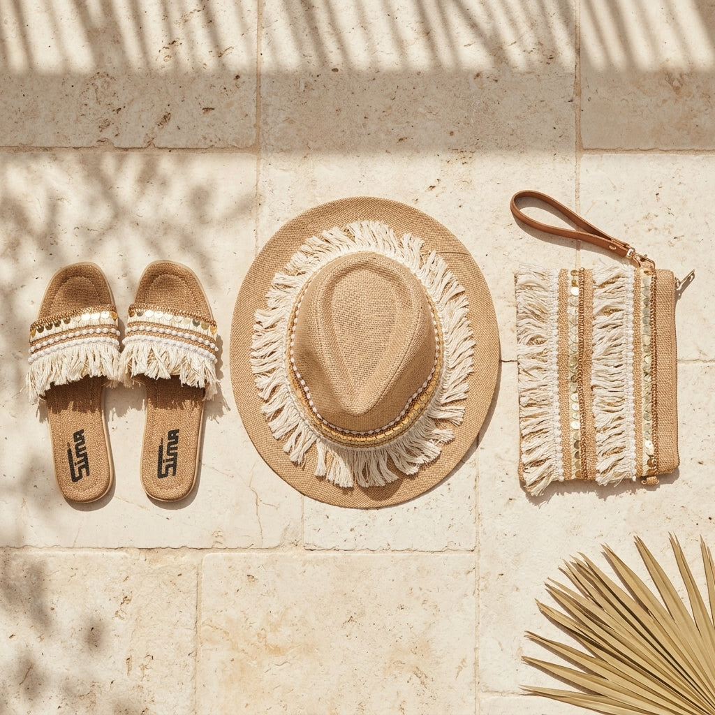 Sun Hat + Clutch Bag + Slippers + 1 FREE metal strap (COMBO 2)