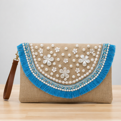 Maison Dalal Boho Linen Clutch Bag (Blue Mirage 2)