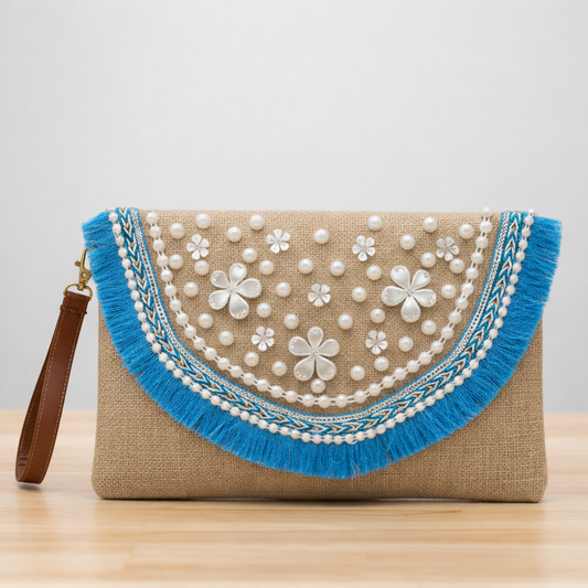 Maison Dalal Boho Linen Clutch Bag (Blue Mirage 2)