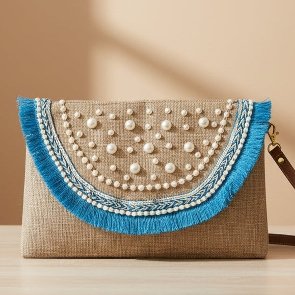 Maison Dalal Boho Linen Clutch Bag (Blue Mirage)
