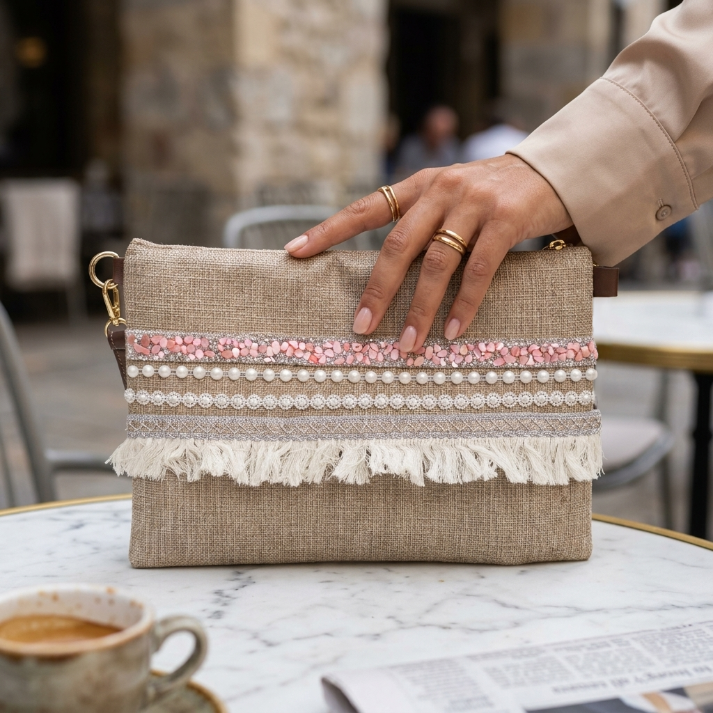 Boho Linen Clutch Bag (Classy Pink) + 1 FREE exclusive gold/white metal strap (1 meter)