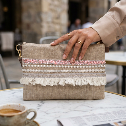 Boho Linen Clutch Bag (Classy Pink) + 1 FREE exclusive gold/white metal strap (1 meter)