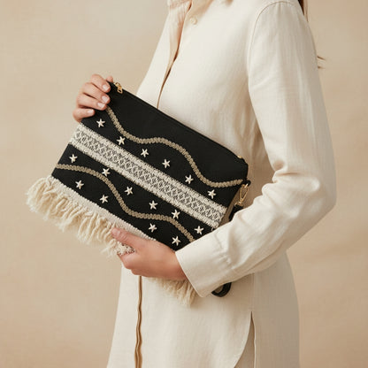 Boho Linen Clutch Bag (Night Fringe)