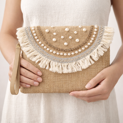 Boho Linen Clutch Bag (Pearly Fringe) + 1 FREE gold metal strap (1 meter)