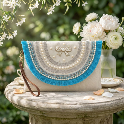 Boho Linen Clutch Bag (Royal Bow) + 1 FREE gold metal strap (1 meter)